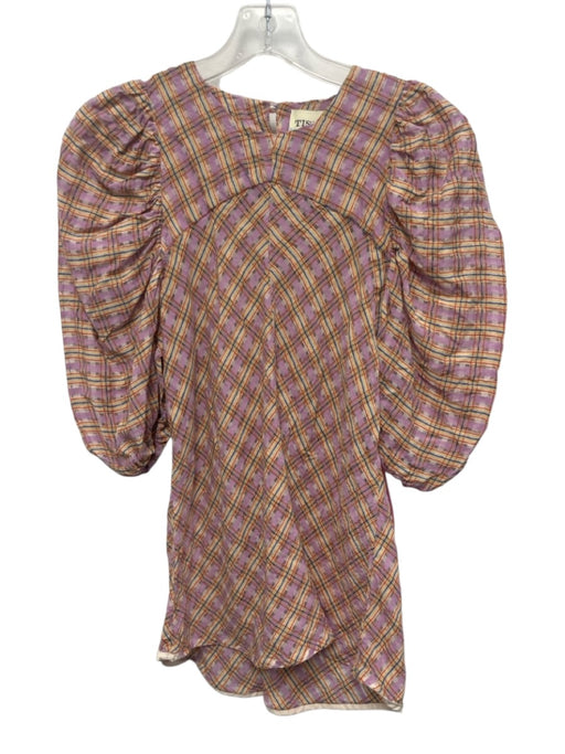 Tish Cox Size XXXS Pink, Beige, Multi Short Puff Sleeve Plaid Sheer Detail Top Pink, Beige, Multi / XXXS
