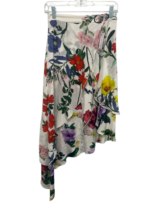 Alice + Olivia Size 2 White, Red, Green Silk ruffles Floral Print Midi Skirt White, Red, Green / 2