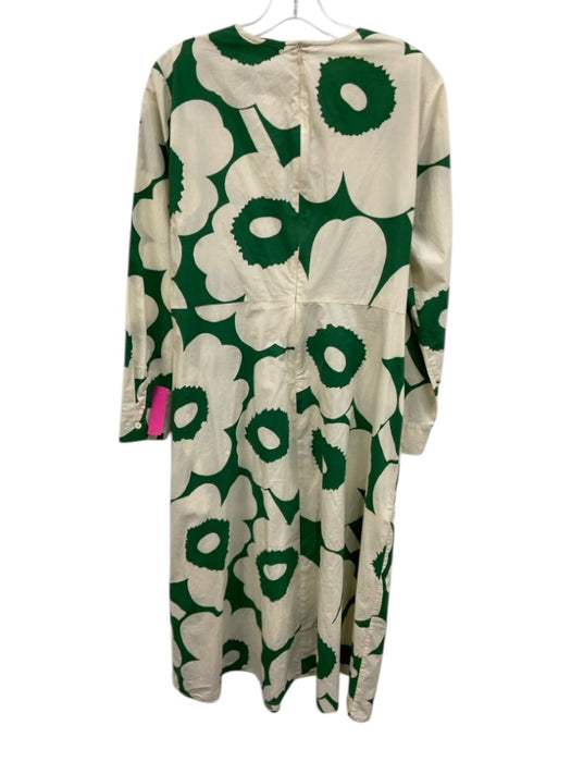 Marimekko Size 42 White & Green Cotton Long Sleeve Floral Back Zip Maxi Dress White & Green / 42
