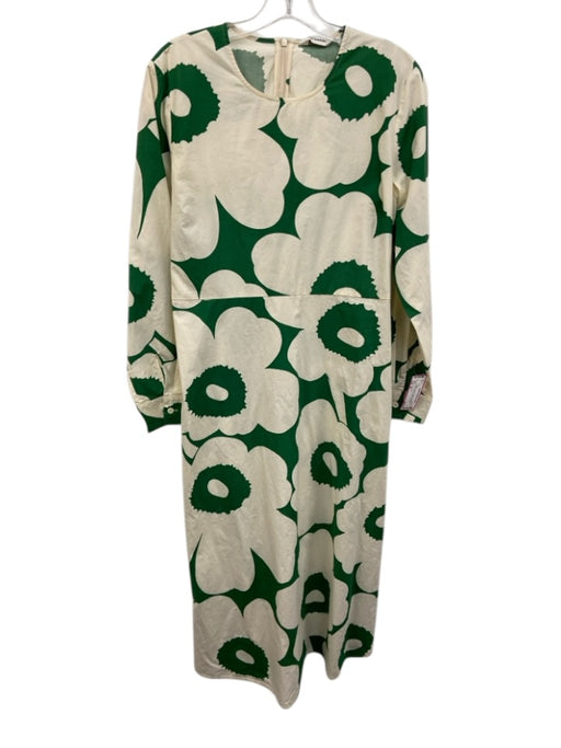 Marimekko Size 42 White & Green Cotton Long Sleeve Floral Back Zip Maxi Dress White & Green / 42
