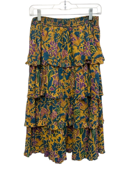 Cleobella Size S Blue, Yellow, Multi Cotton Elastic Waist Pleats Tiered Skirt Blue, Yellow, Multi / S