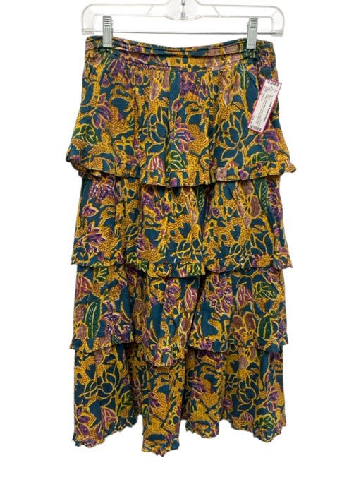 Cleobella Size S Blue, Yellow, Multi Cotton Elastic Waist Pleats Tiered Skirt Blue, Yellow, Multi / S