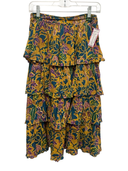 Cleobella Size S Blue, Yellow, Multi Cotton Elastic Waist Pleats Tiered Skirt Blue, Yellow, Multi / S