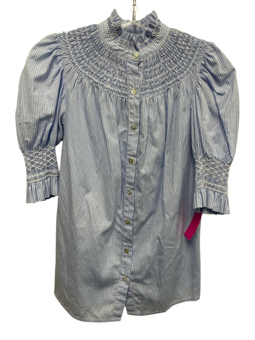 Andion Size XS Blue & White Cotton Smocked Detail Gingham Button Up Top Blue & White / XS