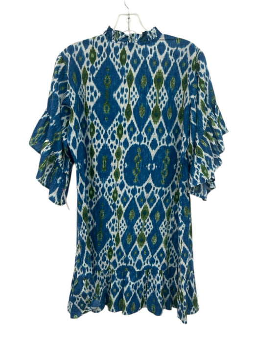 Fitzroy & Willa Size S Blue, Green, White Cotton Trumpet Sleeve V Neck Dress Blue, Green, White / S
