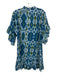 Fitzroy & Willa Size S Blue, Green, White Cotton Trumpet Sleeve V Neck Dress Blue, Green, White / S