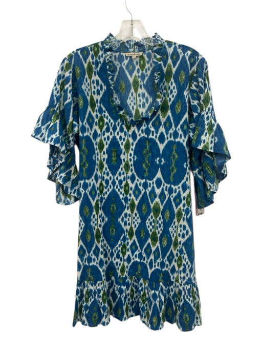 Fitzroy & Willa Size S Blue, Green, White Cotton Trumpet Sleeve V Neck Dress Blue, Green, White / S