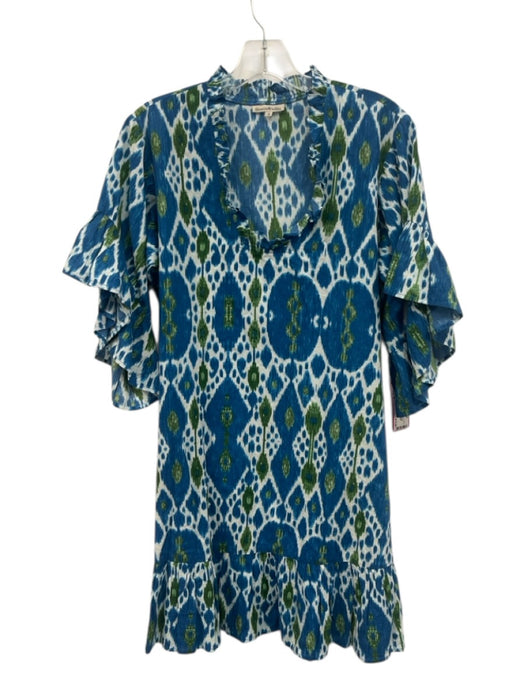 Fitzroy & Willa Size S Blue, Green, White Cotton Trumpet Sleeve V Neck Dress Blue, Green, White / S