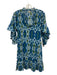 Fitzroy & Willa Size S Blue, Green, White Cotton Trumpet Sleeve V Neck Dress Blue, Green, White / S