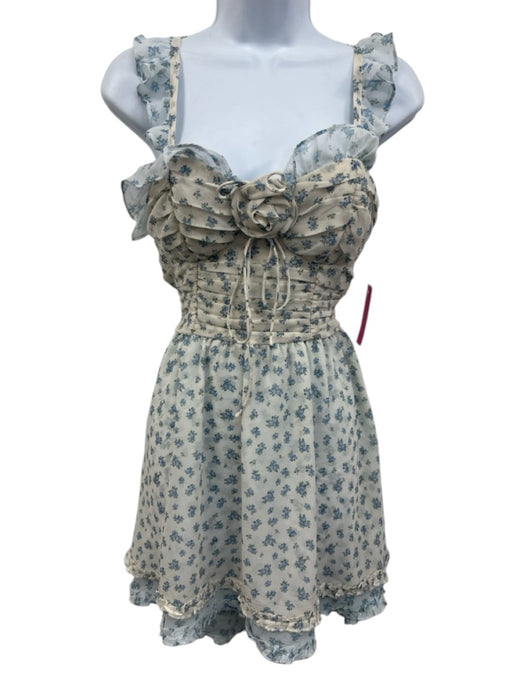 For Love & Lemons Size S Cream White & Blue Polyester Floral Rosette Dress Cream White & Blue / S