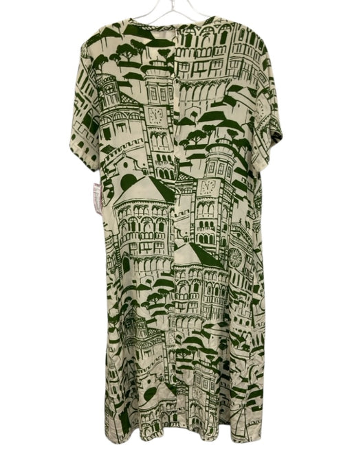 Weekend Max Mara Size 8 Cream White & Green Silk City Print Short Sleeve Dress Cream White & Green / 8