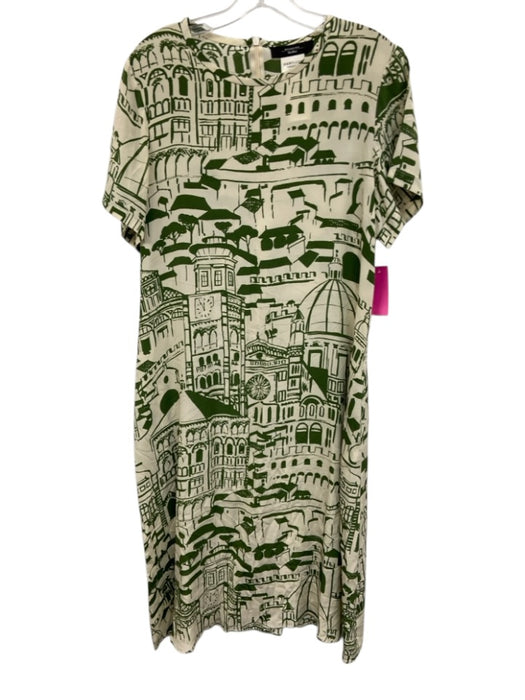 Weekend Max Mara Size 8 Cream White & Green Silk City Print Short Sleeve Dress Cream White & Green / 8