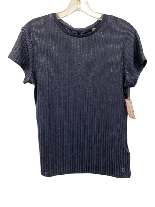 Ted Baker Size 3 Navy Blue Polyester Blend Shimmer Ribbed Knit Short Sleeve Top Navy Blue / 3