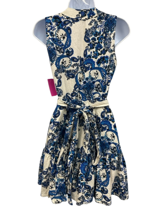 Christian Lacroix Size S White, Blue, Black Linen & Rayon Wrap Sleeveless Dress White, Blue, Black / S