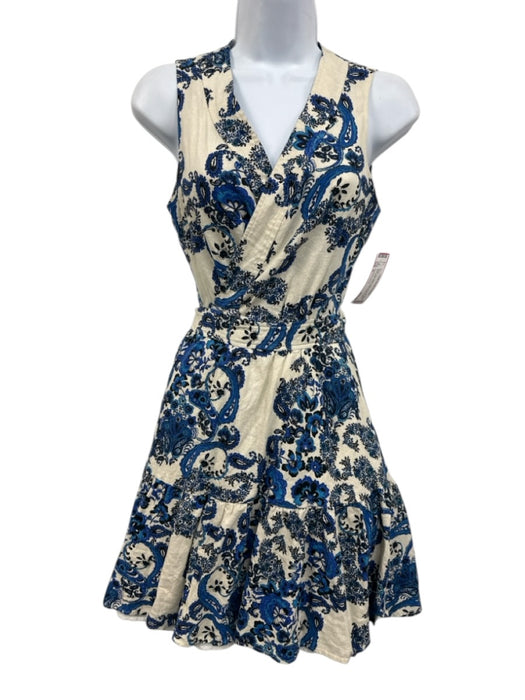 Christian Lacroix Size S White, Blue, Black Linen & Rayon Wrap Sleeveless Dress White, Blue, Black / S