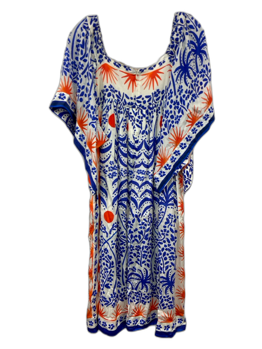 Farm Rio Size XS Blue, Orange, White Viscose Short Bell Sleeve Square Neck Dress Blue, Orange, White / XS