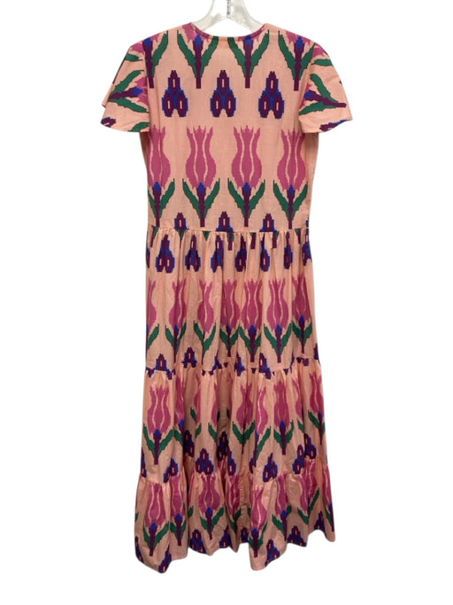 Oliphant Size XS Pink & Multi Cotton Floral V Neck Flutter Sleeve Maxi Dress Pink & Multi / XS