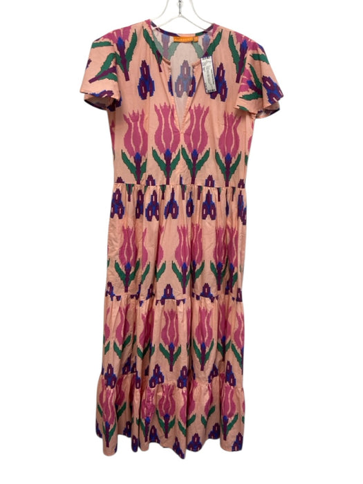 Oliphant Size XS Pink & Multi Cotton Floral V Neck Flutter Sleeve Maxi Dress Pink & Multi / XS
