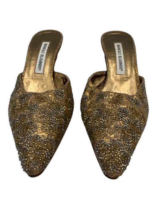 Manolo Blahnik Shoe Size 35 Gold & Silver Leather Pointed Toe Beaded Mule Pumps Gold & Silver / 35