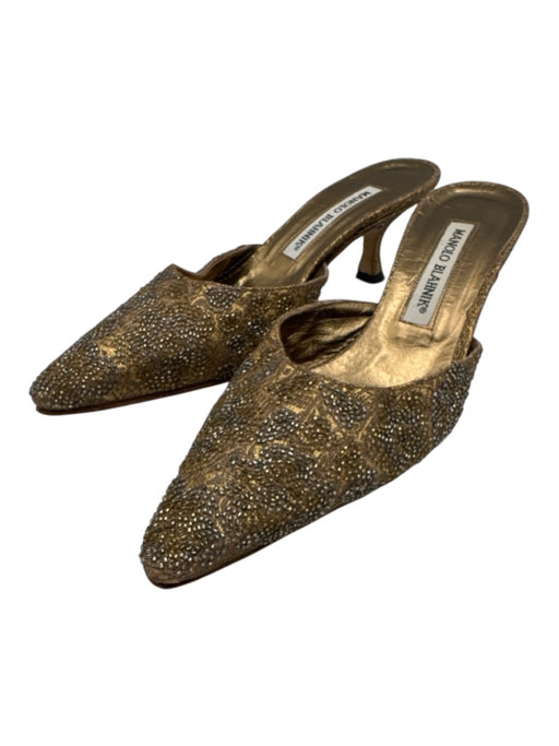 Manolo Blahnik Shoe Size 35 Gold & Silver Leather Pointed Toe Beaded Mule Pumps Gold & Silver / 35