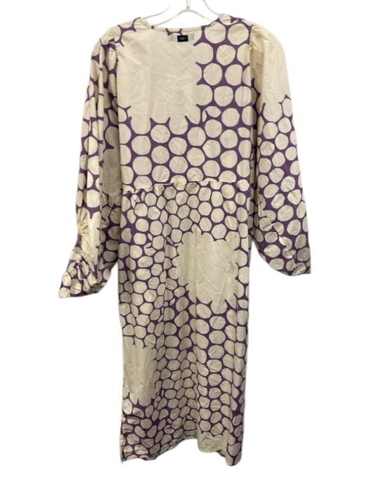 Obey Size Large Purple & Cream Cotton Long puff sleeve Spots Gathered Midi Dress Purple & Cream / Large