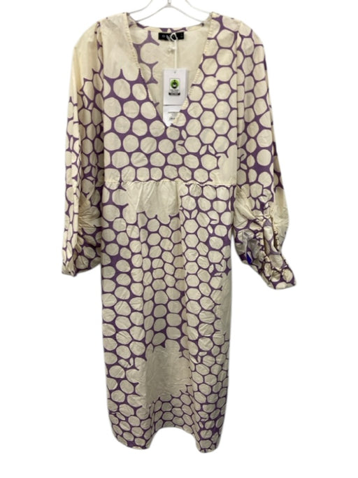 Obey Size Large Purple & Cream Cotton Long puff sleeve Spots Gathered Midi Dress Purple & Cream / Large