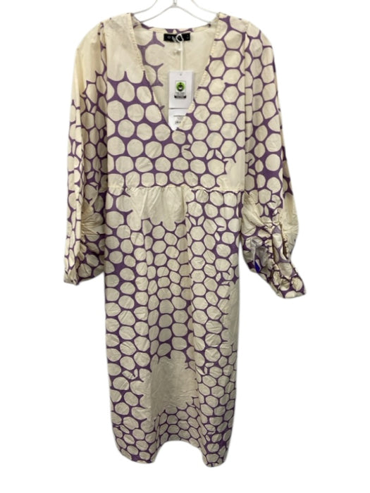 Obey Size Large Purple & Cream Cotton Long puff sleeve Spots Gathered Midi Dress Purple & Cream / Large