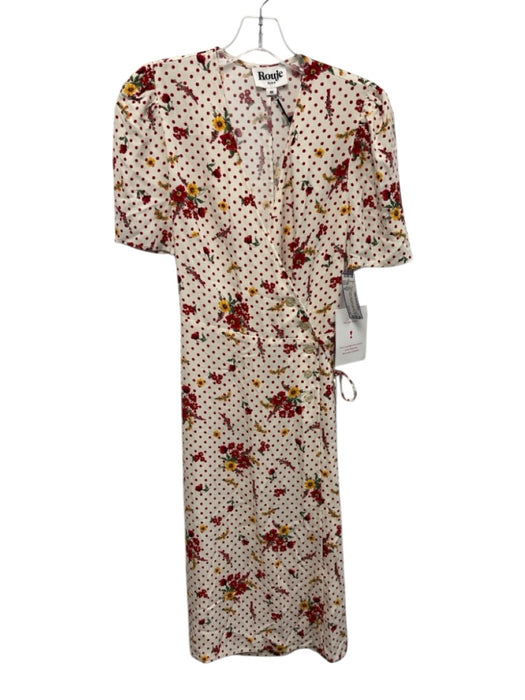 Rouje Size 36 Cream, Red, Green Viscose Short Sleeve Floral & Spotted Midi Dress Cream, Red, Green / 36