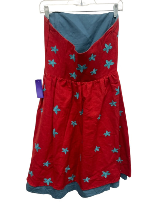 Chocolate USA Size 8 Red & Aqua Linen Blend Strapless Floral Embroidery Dress Red & Aqua / 8