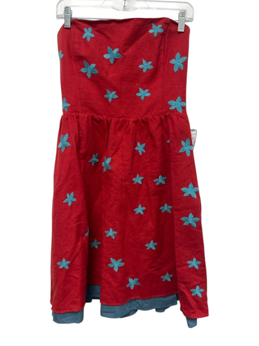 Chocolate USA Size 8 Red & Aqua Linen Blend Strapless Floral Embroidery Dress Red & Aqua / 8
