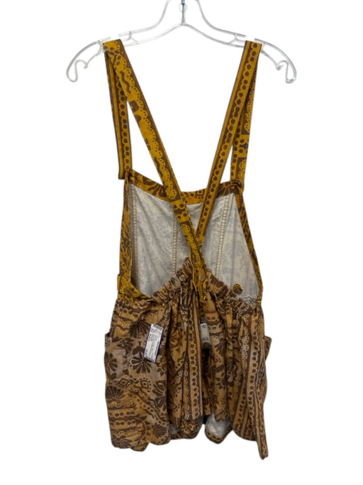Free People Size Medium Brown & Yellow Cotton Sleeveless Gathered Pockets Romper Brown & Yellow / Medium