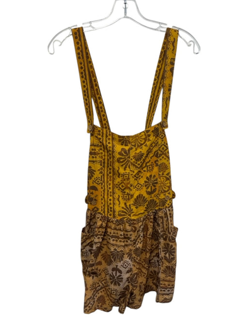 Free People Size Medium Brown & Yellow Cotton Sleeveless Gathered Pockets Romper Brown & Yellow / Medium