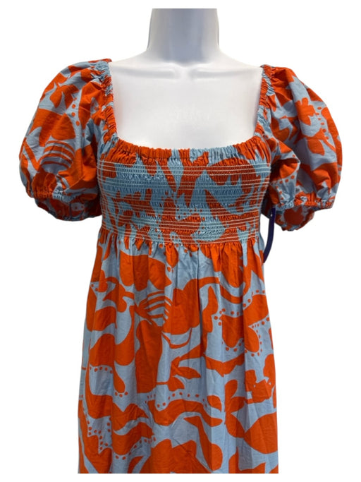 La Ligne Size Large Orange & Blue Cotton Short Puff Sleeve Floral Tiered Dress Orange & Blue / Large