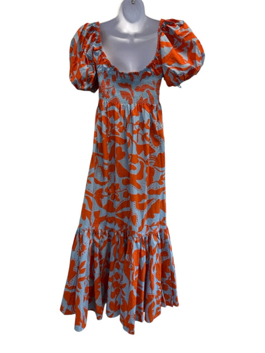 La Ligne Size Large Orange & Blue Cotton Short Puff Sleeve Floral Tiered Dress Orange & Blue / Large