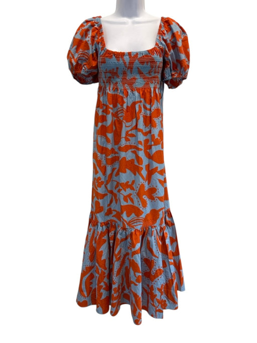 La Ligne Size Large Orange & Blue Cotton Short Puff Sleeve Floral Tiered Dress Orange & Blue / Large