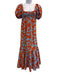 La Ligne Size Large Orange & Blue Cotton Short Puff Sleeve Floral Tiered Dress Orange & Blue / Large