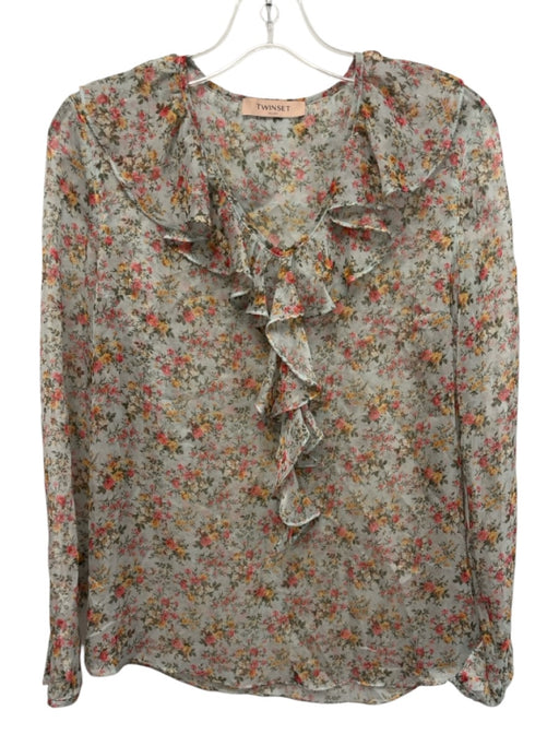 Twinset Size Est Small Green, Pink, Yellow Long Sleeve Floral Ruffle Sheer Top Green, Pink, Yellow / Est Small
