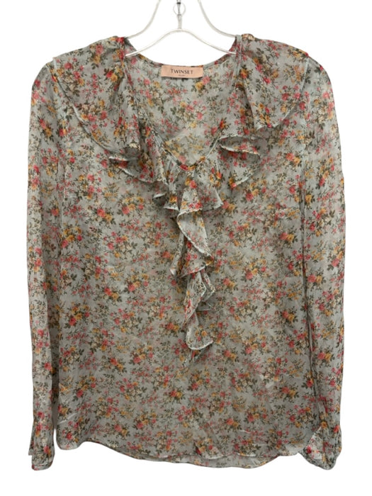 Twinset Size Est Small Green, Pink, Yellow Long Sleeve Floral Ruffle Sheer Top Green, Pink, Yellow / Est Small