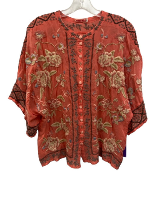 Johnny Was Size Small Pink, Gray, Blue Rayon Half Sleeve Floral Embroidery Top Pink, Gray, Blue / Small