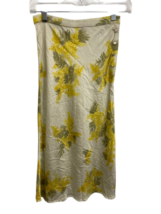 Rouje Size 34 Yellow, Green, Gray Viscose Blend Side Button Floral Satin Skirt Yellow, Green, Gray / 34