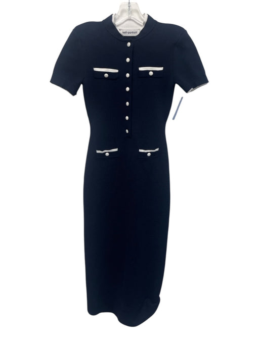 Self-Portrait Size 6 Navy Blue & White Viscose Blend Knit Short Sleeve Dress Navy Blue & White / 6