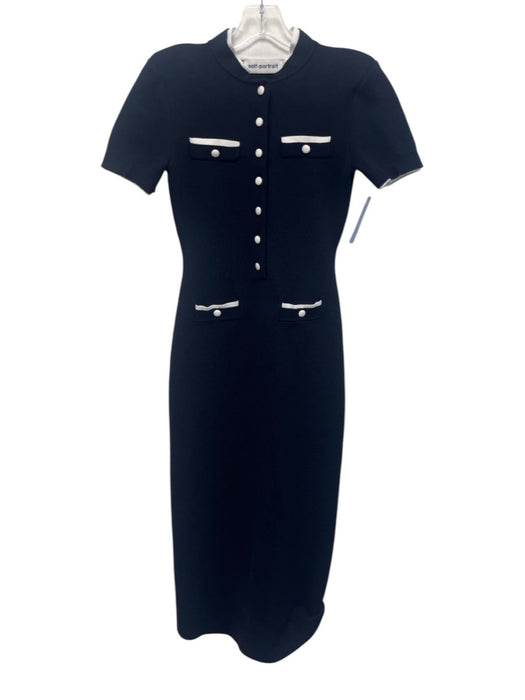 Self-Portrait Size 6 Navy Blue & White Viscose Blend Knit Short Sleeve Dress Navy Blue & White / 6