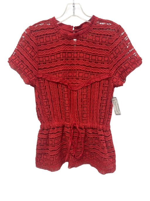 Carolina K Size S Red Cotton Crochet Accordion Pleat Drawstring Waist Peplum Top Red / S