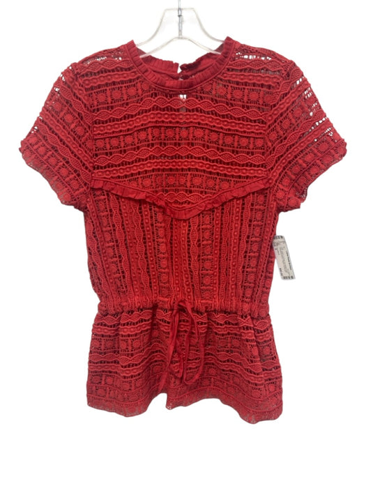 Carolina K Size S Red Cotton Crochet Accordion Pleat Drawstring Waist Peplum Top Red / S