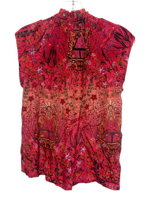 Mariacher Size S Red, Black & Orange Viscose Floral Cap Sleeve Tie V Neck Top Red, Black & Orange / S