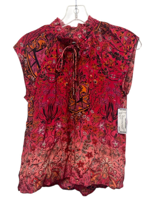 Mariacher Size S Red, Black & Orange Viscose Floral Cap Sleeve Tie V Neck Top Red, Black & Orange / S