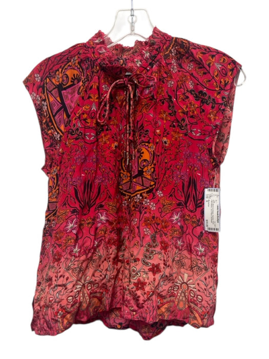 Mariacher Size S Red, Black & Orange Viscose Floral Cap Sleeve Tie V Neck Top Red, Black & Orange / S