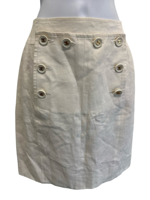 Chanel Boutique Size 38 Cream White Linen & Silk Logo Buttons Back Zip Skirt Cream White / 38