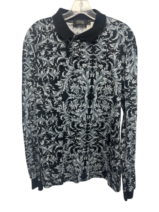 Versace V2 Size XL Black & Gray Cotton Floral Polo Men's Long Sleeve Shirt Black & Gray / XL