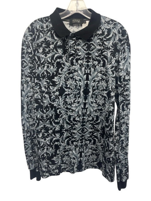 Versace V2 Size XL Black & Gray Cotton Floral Polo Men's Long Sleeve Shirt Black & Gray / XL